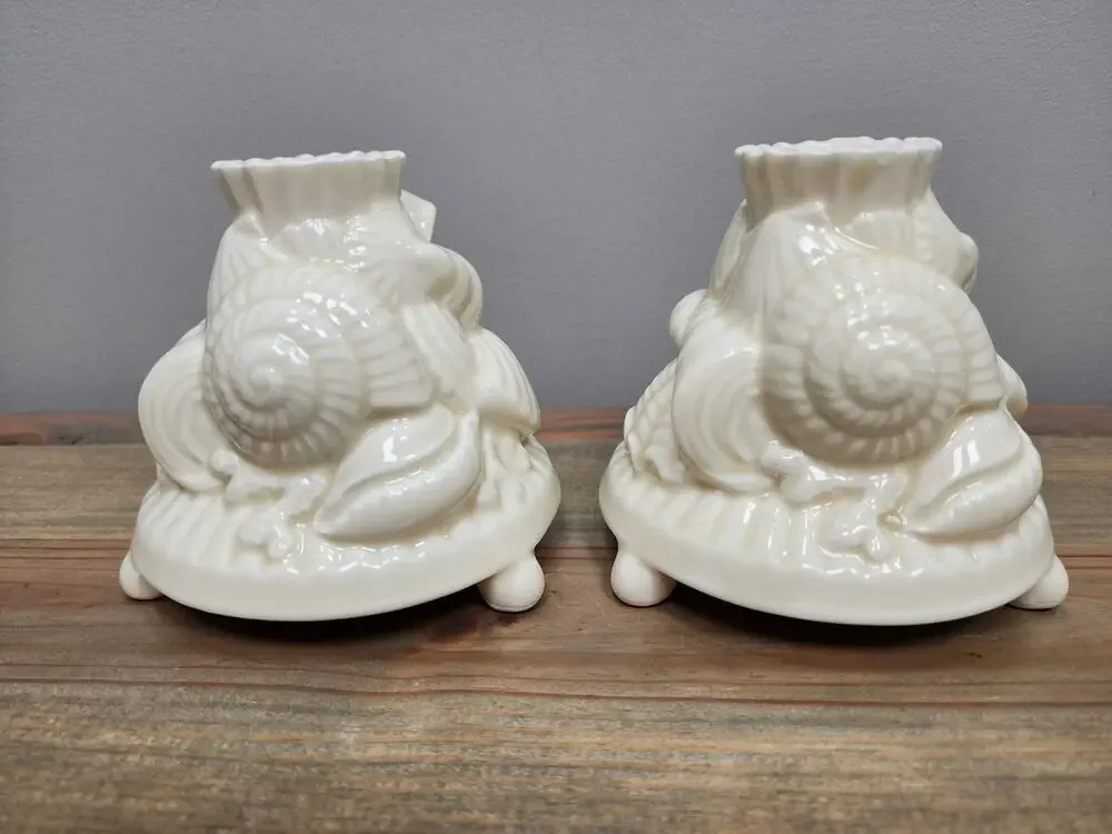 Vintage Shafford Japan 1989 Candlestick Holder Set Shells Coastal Ivory